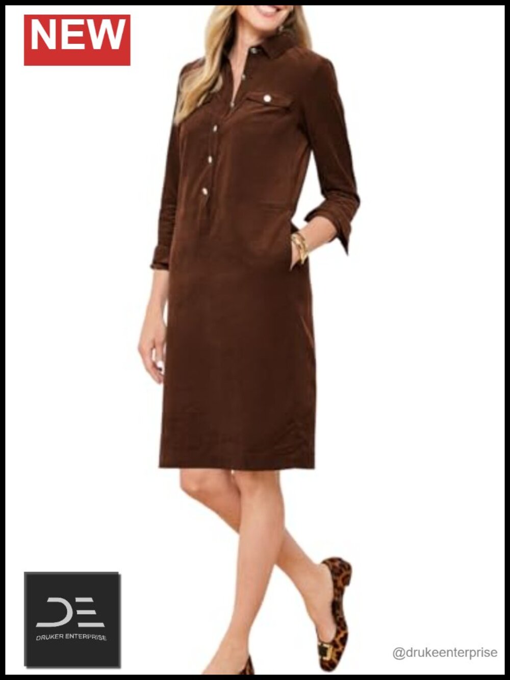 Corduroy Midi Shift Dress Long Sleeve Button Down V Neck